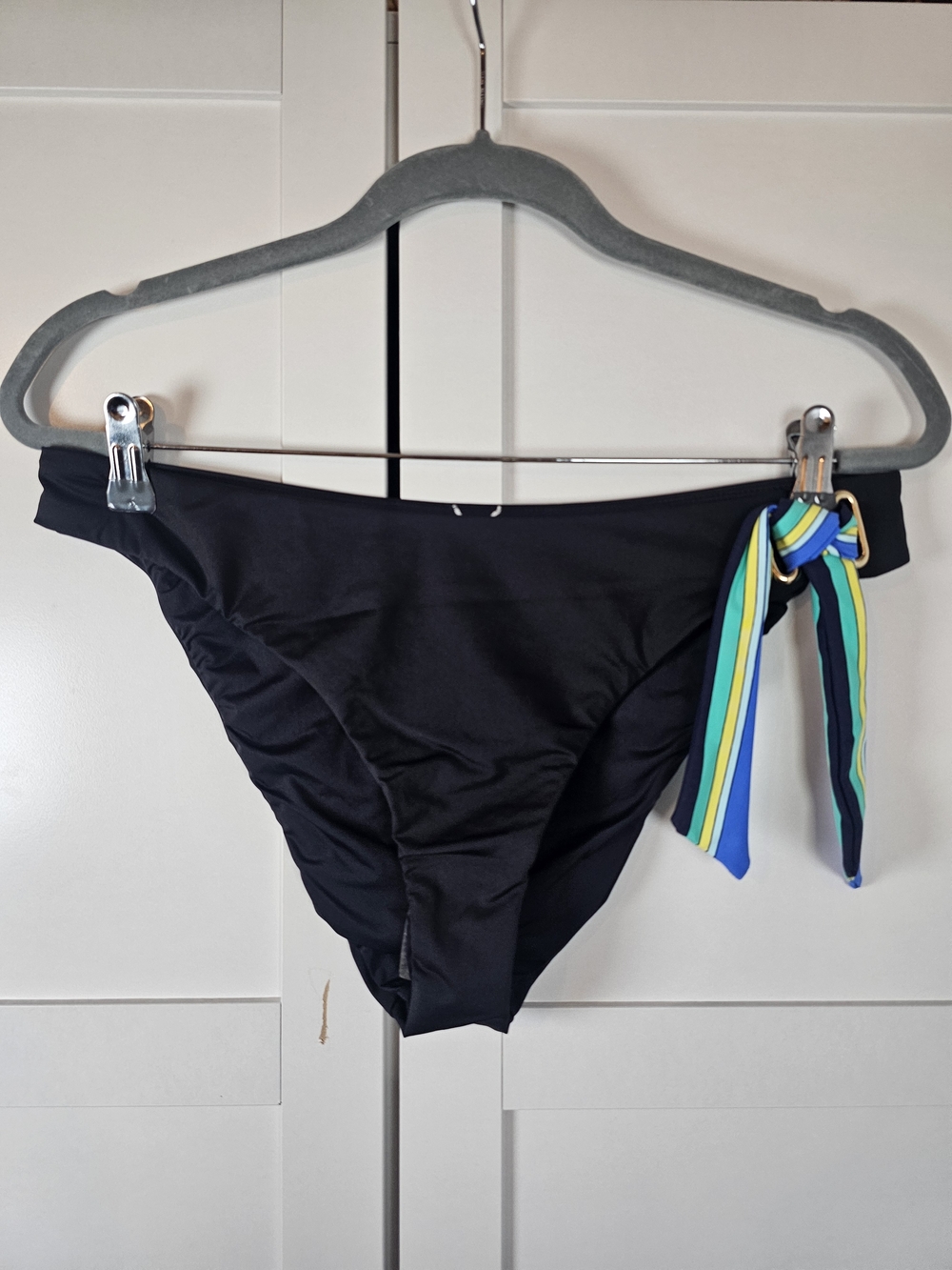Trina Turk Ipanema French Cut Bikini Bottom Black Side Tie Blue Yellow Size 12